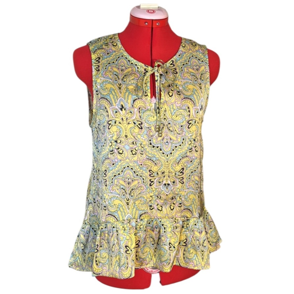 Juicy Couture Yellow Paisley Sleeveless Peplum Ruffle Blouse Size 4